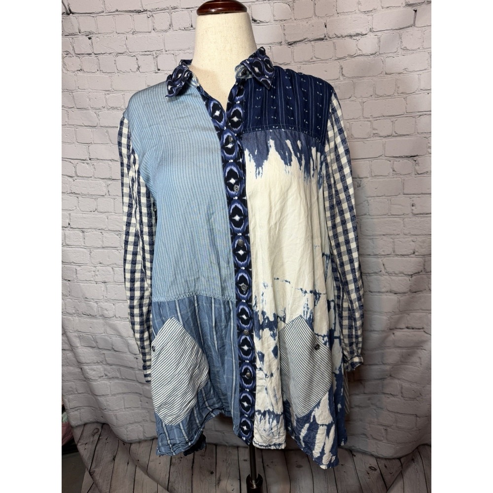 John Mark Top Blue Large Roll Tab Patchwork Print Lagenlook Button Tunic Flowy